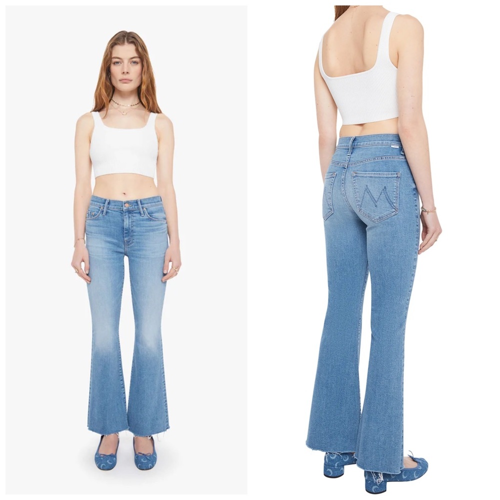 MOTHER The Weekender Fray Ride Hard, Live Louder Flare Blue Denim Jeans Size 28